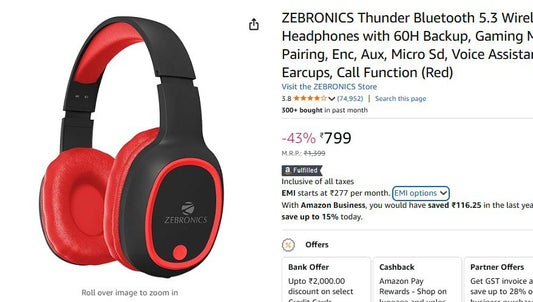 ZEBRONICS Bluetooth Wireless Headphones @799