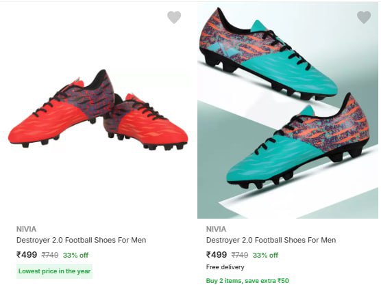 Nivia Mens Football Shoes upto 65% off starting From Rs.396