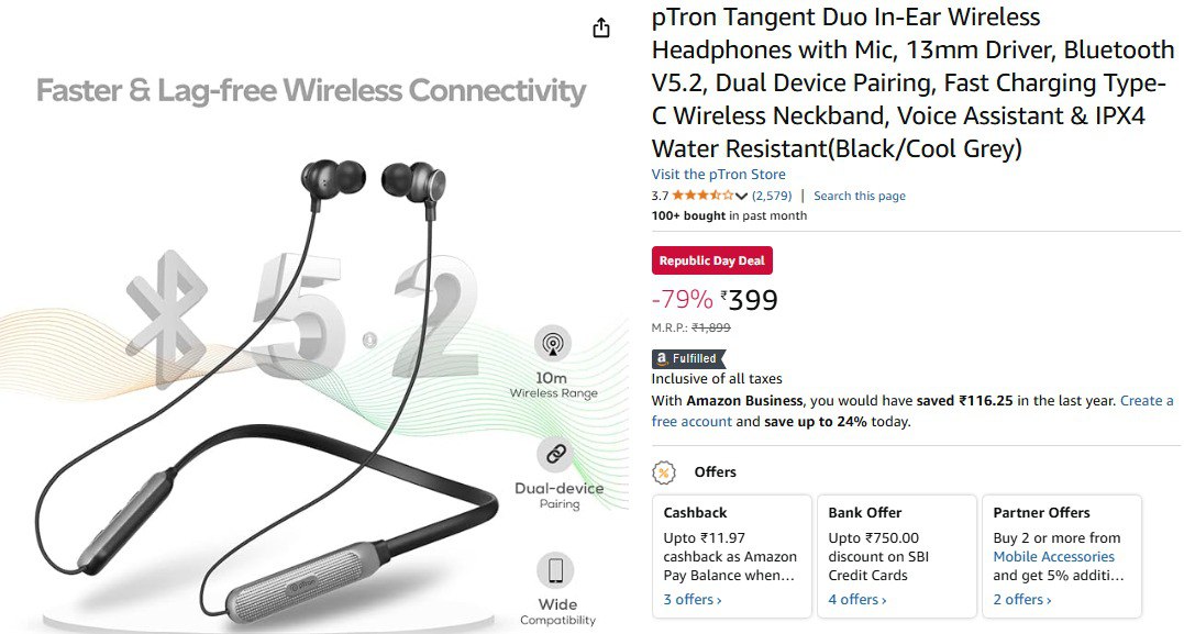 pTron BT Neckband at ₹399
