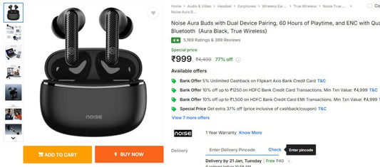Noise Aura Buds with Dual Device Pairing Buds At Rs.999