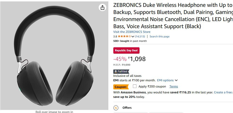 ZEBRONICS Duke Wireless Headphone @898