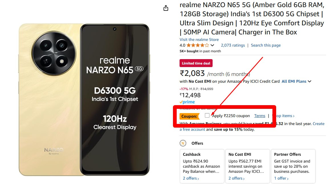 Apply ā¹2250 Off Coupon | realme Narzo N65 5G (6/128Gš @10,248.