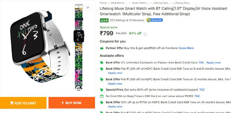 Lifelong Muse Smart Watch with BT Calling AT Rs.799 (10-11-24)