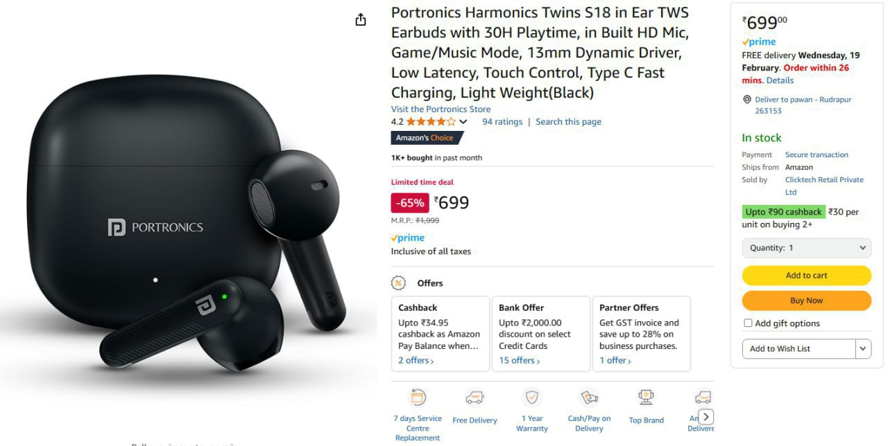 Portronics Harmonics Twins S18 in Ear TWS Earbuds @699