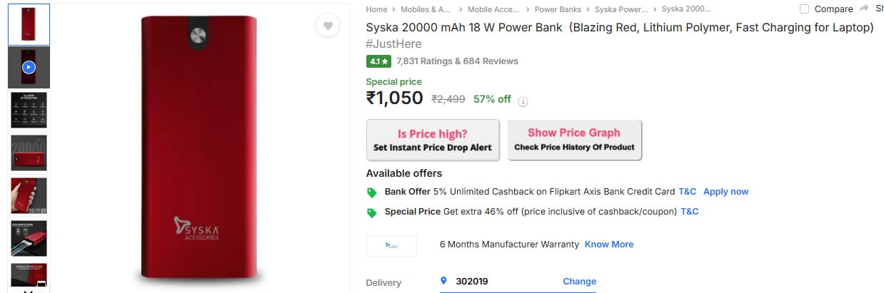 Flipkart | Syska 20000 mAh 18 W Power Bank At Rs.1,050  (19-11-24)