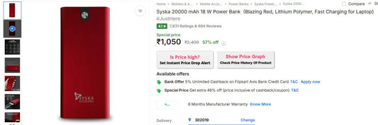 Flipkart | Syska 20000 mAh 18 W Power Bank At Rs.1,050  (19-11-24)
