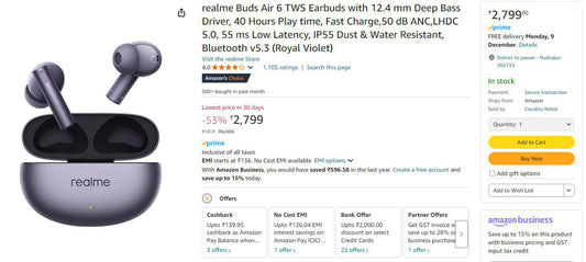 Amazon:Realme Buds Air 6 TWS Earbuds @2799(05-12-24)