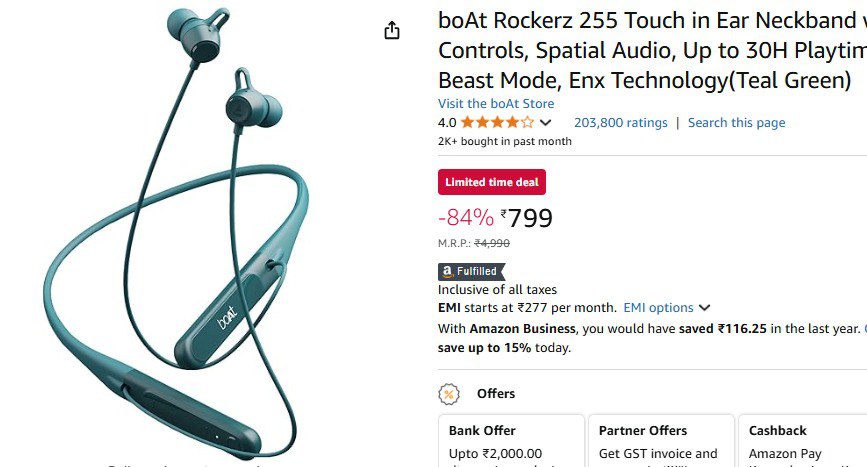 boAt Rockerz 255 Neckband @799. (06-12-24)