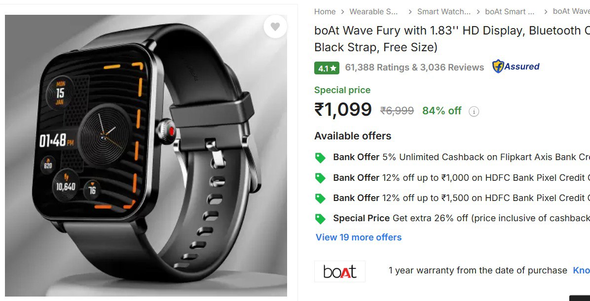 🌟 boAt Wave Fury with 1.83'' HD Display, Bluetooth Calling  (24-12-24)
