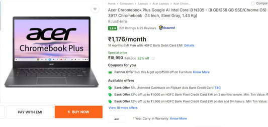 Acer Chromebook Plus Google AI Intel Core i3 Laptop @18990 + Bank Offer (30-12)