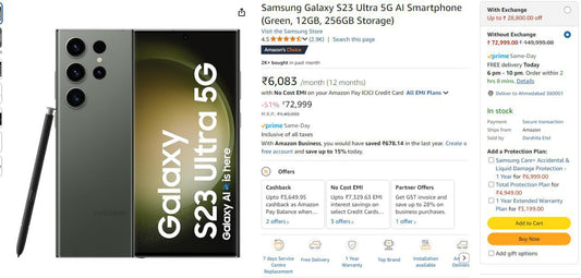 Samsung Galaxy S23 Ultra 5G (12GB, 256GB Storage) @ ₹72,999 + Bank Offer.