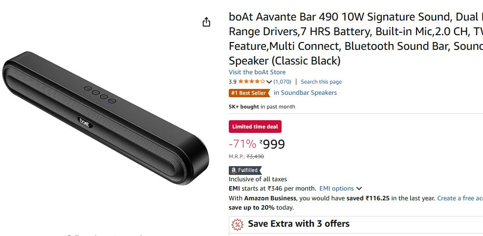 boAt 10W Bluetooth Soundbar at Rs.999.