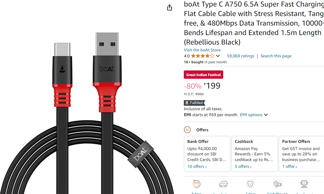 boAt Type C A750 6.5A Super Fast Charging Flat Cable Cable with Stress Resistant, Tangle-free
