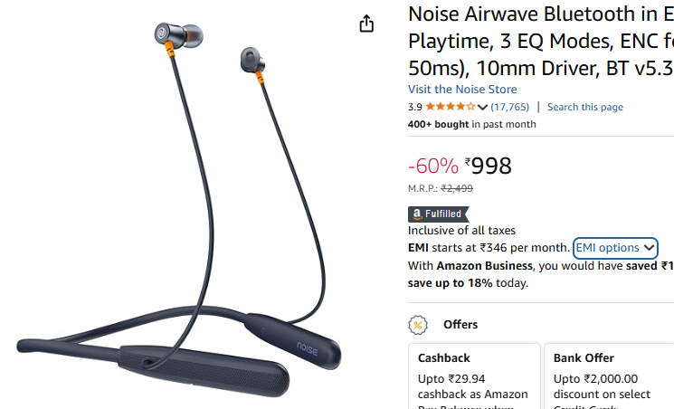 Noise Airwave Bluetooth in Ear Neckband @ ₹998
