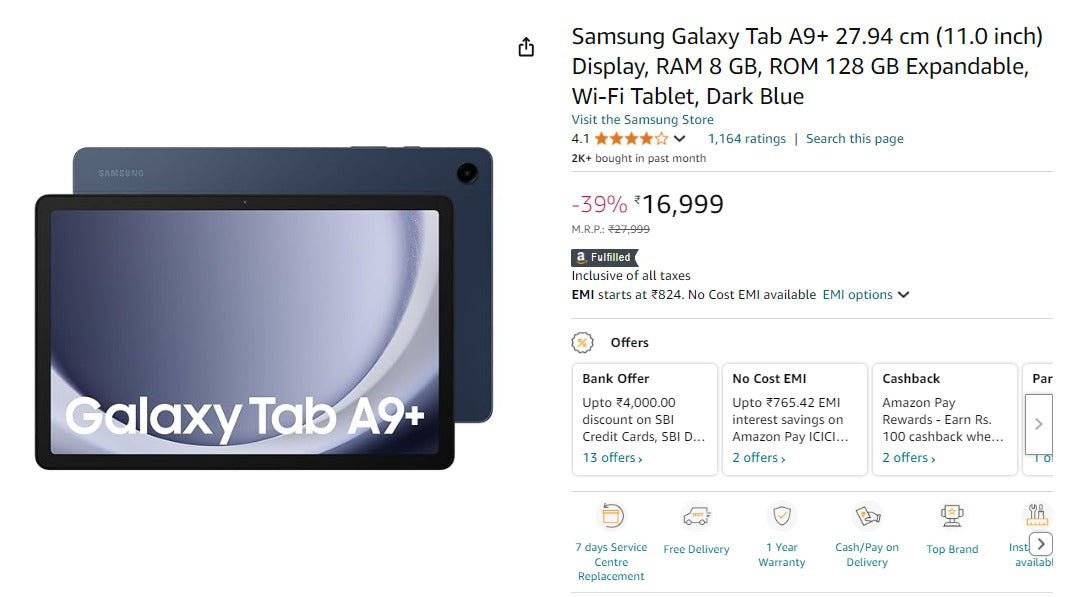 🚨 Loot : Samsung Galaxy Tab A9+ (11.0 inch)  8GB | 128GB at 11999. (01/10/2024)(*Flat 5000 off Using SBI Credit Card.)