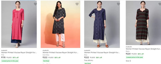 Mokshi Women Kurta upto 90% off starting From Rs.178