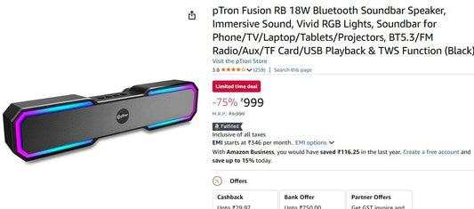 pTron 18W Bluetooth Soundbar @ 999.