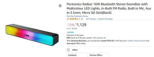 Portronics 16W Bluetooth Stereo Soundbar @ 1129.
