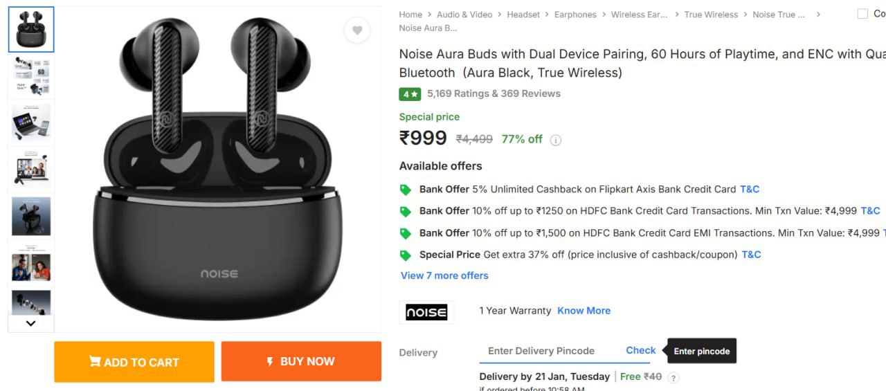 Noise Aura Buds with Dual Device Pairing Buds At Rs.999
