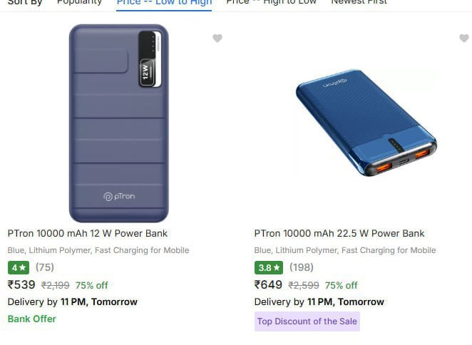 Ptron Power Banks upto 80% off starting From Rs.539