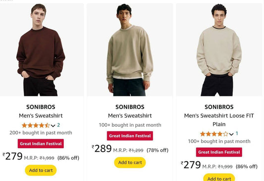 Amazon | 📌 Sweatshirts Upto 90% Off From ₹289 (17/10/24)