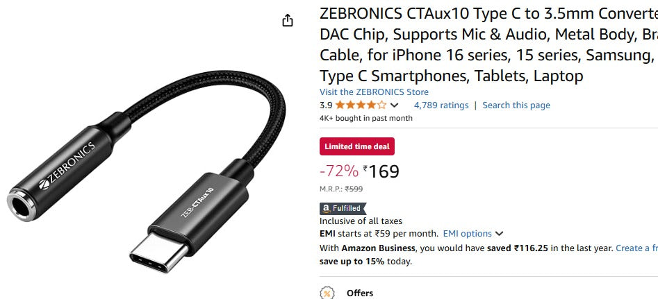 ZEBRONICS Type C to 3.5mm Converter @169 (26-11-24)