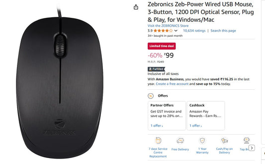 Zebronics Zeb-Power Wired USB Mouse At Rs.99 (27-11-24)