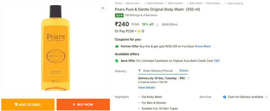 Flipkart | Pears Pure & Gentle Original Body Wash  (250 ml) @240 (03-12-24)