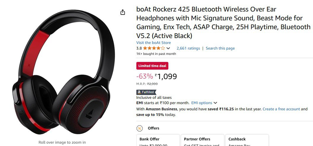 🔥🔥 boAt Rockerz 425 Bluetooth Wireless Over Ear Headphones @1,099 (03-12-24)