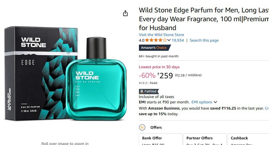 60% Off : Wild Stone Edge EDP Premium Perfume, 100 Ml @259. (10-12-24)
