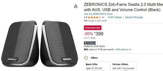 Zebronics Speaker (Black)  Deal Price : ₹399