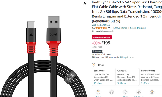 boAt Type C A750 6.5A Super Fast Charging Flat Cable Cable with Stress Resistant, Tangle-free