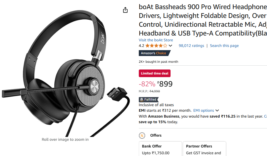 boAt BassHeads 900 Pro Wired Headphones @899 (22-11-24)