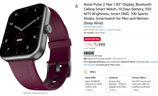 Noise Pulse 2 Max 1.85" Display, Bluetooth Calling Smart Watch, 10 Days Battery, 100 Sports Modes