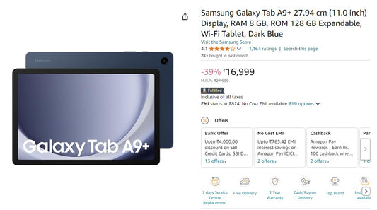 🚨 Loot : Samsung Galaxy Tab A9+ (11.0 inch)  8GB | 128GB at 11999. (01/10/2024)(*Flat 5000 off Using SBI Credit Card.)