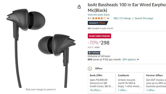 boAt Bassheads 100 in Ear Wired Earphones with Mic(Black) (2/10/2024)